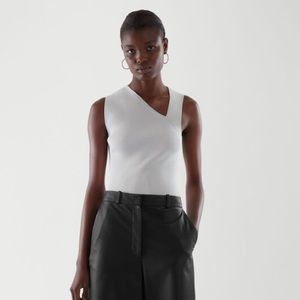 COS White Ribbed Asymmetric V-Neck Sleeveless Top